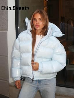 Fashion Shiny Solid Hooded Quilted Jacket Women Stand Collar Long Sleeve Zipper Pocket Street Warm Coat 2026 Winter Lady Outwear