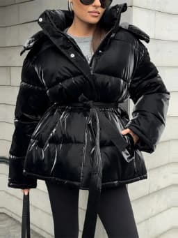 2026 Winter Shiny Hooded Cotton Jacket With Belt Women Elegant Long Sleeve Zipper Lace Up Coats Lady Y2K Street Warm Outerwear