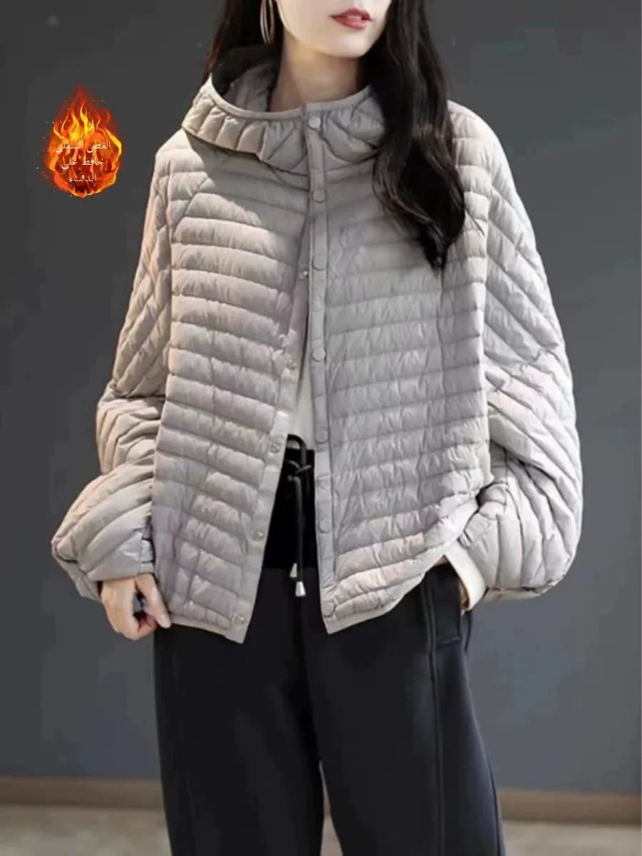Slim Fit Hooded down Cotton Jacket Lightweight Stripe Pattern Women's Fashionable Warm Cotton Coat Single Button Closure Long...