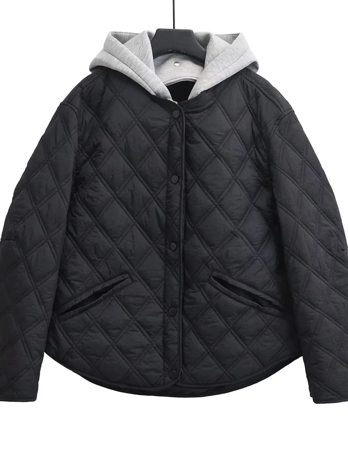 2026 New Fashion Autumn Winter Women's Casual Hooded Solid Black Padded Bomber Coats Female Basic Quilted Loose Parkas Jackets