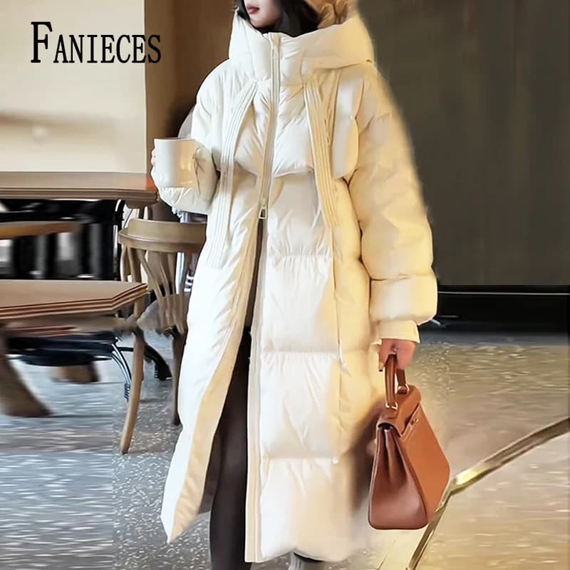 Пуховики 2026 Winter Long Jacket Women Puffer Casual Streetwear Oversized Loose Hooded Coats Thick Cotton Parkas Down Overcoat