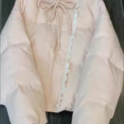 Pink Bow Knot Tied Cotton Jaet Women's Winter Faion High-End Feel Patchwork Coat Long Sve f High Collar Single Button
