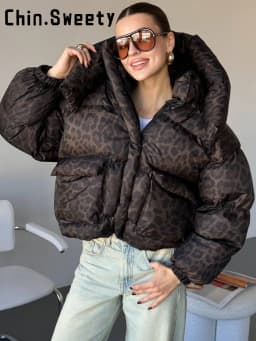 Women's Leopard Print Hooded Cotton Padded Jackets Stand Collar Zipper Short Puffy Coats 2026 Winter Lady Street Warm Outerwear