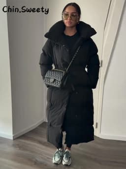 Warm Women's Puffy Quilted Hooded Long Cotton Coat Loose Solid Stand Collar Lace Up Zipper Overcoats 2026 Winter Lady Outwear