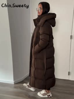 Warm Women's Puffy Quilted Hooded Long Cotton Coat Loose Solid Stand Collar Lace Up Zipper Overcoats 2026 Winter Lady Outwear