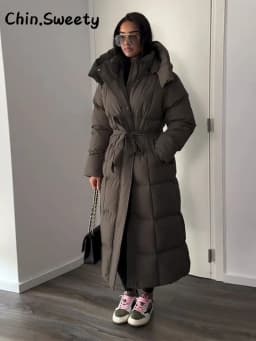 Warm Women's Puffy Quilted Hooded Long Cotton Coat Loose Solid Stand Collar Lace Up Zipper Overcoats 2026 Winter Lady Outwear