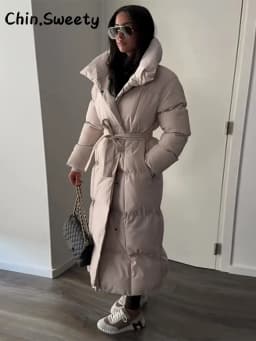 Warm Women's Puffy Quilted Hooded Long Cotton Coat Loose Solid Stand Collar Lace Up Zipper Overcoats 2026 Winter Lady Outwear