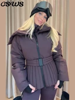 Fashion Cotton Belt Jacket Women Thicken Pleated Long Sleeve Stand Collar Zippers Female Outwear 2026 Winter Lady Ski Coats