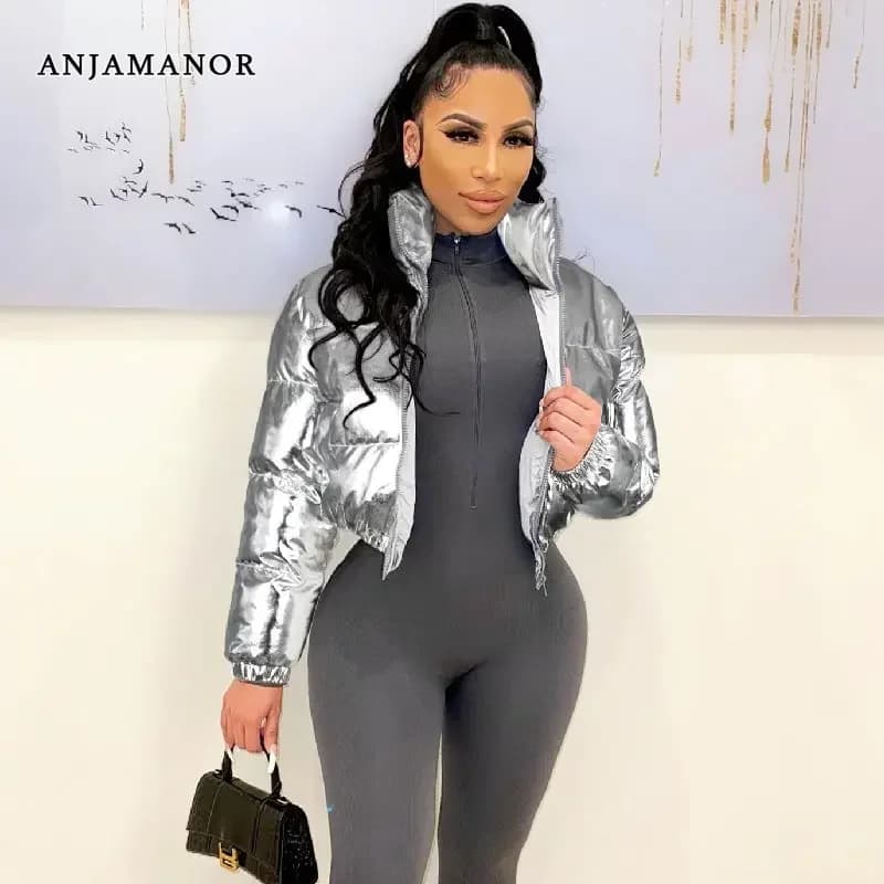 ANJAMANOR Silver Glossy Puffer Jacket Zip Up Shiny Bubble Coat Streetwear Women Clothing Winter Baddie Clothes D48-FH59