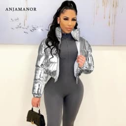 ANJAMANOR Silver Glossy Puffer Jacket Zip Up Shiny Bubble Coat Streetwear Women Clothing Winter Baddie Clothes D48-FH59