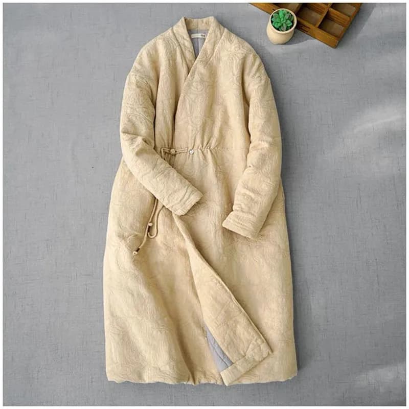 Limiguyue Chinese Style Vintage Jacquard Cotton Jacket Elegant Long Cotton Coat Women V-neck Loose Outerwear Autumn Winter 831P