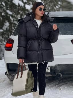 Women's Winter Jacket Hooded Drawstring Zipper Stand-Up Collar Lace Up Winter Jacket Female Loose Casual Chic Jackets For Ladies