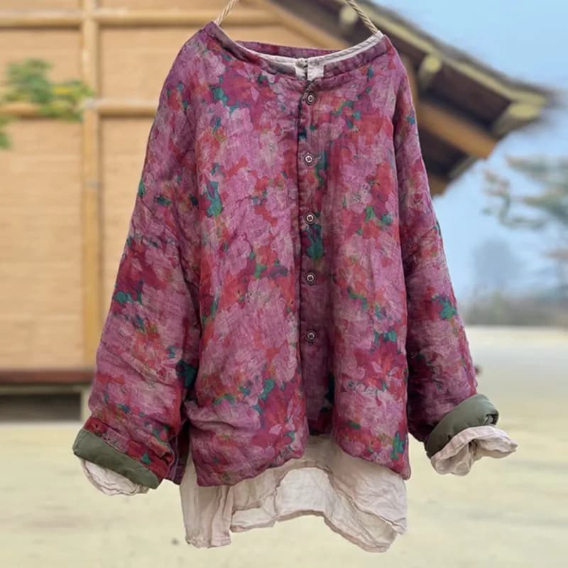 Johnature Women Chinese Style Ramie Parkas O-Neck Long Sleeve Button Coats 2025 Winter New Vintage Women Parkas