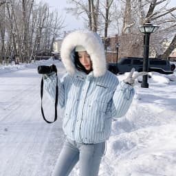 New Stripe Fur Collar Hooded Down Cotton Coat Women Winter Sweet Kawaii Short Parkas for Woman Fashion Warm Cotton-Padded Jcaket