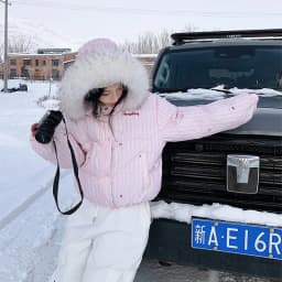 New Stripe Fur Collar Hooded Down Cotton Coat Women Winter Sweet Kawaii Short Parkas for Woman Fashion Warm Cotton-Padded Jcaket