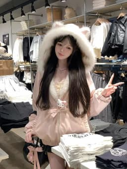 Kawaii Y2K Jacket Winter Fur Collar Sweet Hooded Women Thick Jacket Casual Tops Zipper Loose Fashion Hooded Coat New Clothes
