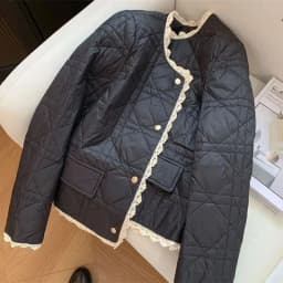 Small Fragrance Style Cotton Coat for Women New Autumn Winter Jacket Fashion Round Neck Lace Edge Warm Parker Overcoat