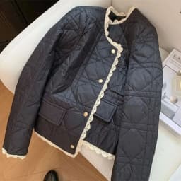 Small Fragrance Style Cotton Coat for Women New Autumn Winter Jacket Fashion Round Neck Lace Edge Warm Parker Overcoat