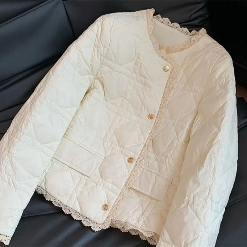 Small Fragrance Style Cotton Coat for Women New Autumn Winter Jacket Fashion Round Neck Lace Edge Warm Parker Overcoat