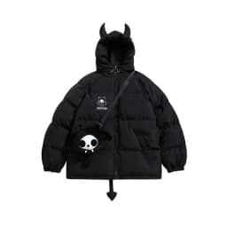 Women Black Gothic Thicken Parkas Jacket Hip Hop Devil Horns Wing Couple Hooded Padded Jacket Streetwear Emo Coat Winter Clothes