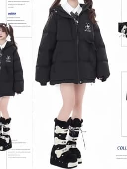 Women Black Gothic Thicken Parkas Jacket Hip Hop Devil Horns Wing Couple Hooded Padded Jacket Streetwear Emo Coat Winter Clothes