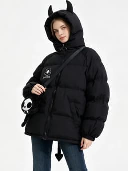 Women Black Gothic Thicken Parkas Jacket Hip Hop Devil Horns Wing Couple Hooded Padded Jacket Streetwear Emo Coat Winter Clothes