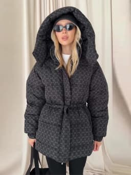 Upgraded Thickened Allover Printed Mid Length Padded Coat Stand Collar Drawstring Waist Windproof 2026 Winter Women Outer Jacket
