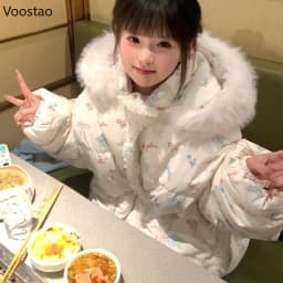 Autumn Winter Kawaii Lolita Parkas Women Japanese Y2k Cute Bunny Print Padded Coat Korean Girls Sweet Warm Loose Hooded Jacket