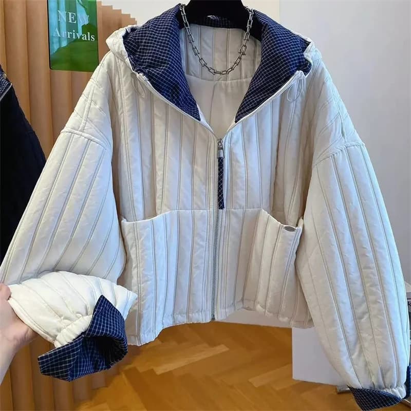 Women's Jacket Hooded Cotton Jacket Women's Plaid Stitching Cotton Jacket Autumn new Thin Cotton Coat in Cotton-padded Jacket