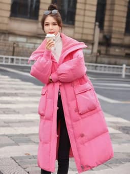 Thickened Large Collar down Cotton Jacket Midi Length Waist-Cinching Pink Outerwear Coat for Short Women Winter Outerwear
