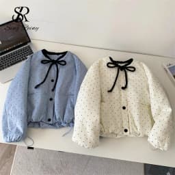 SINGREINY Polka Dot Cotton-Padded Short Jacket Korean Lace Up Drawstring Pocket 2026 Winter Ladies Preppy Style Warm Thick Coat