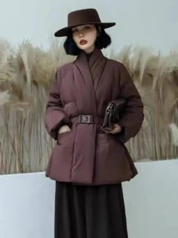 DEAT Fashion Brown Cotton-padded Coat Women's V-neck Loose Big Pockets Sashes Thick Warm Jacket Winter New