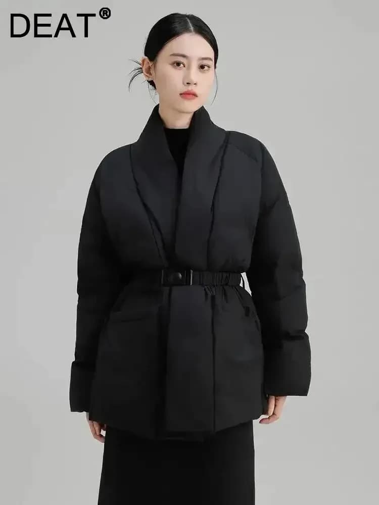 DEAT Fashion Brown Cotton-padded Coat Women's V-neck Loose Big Pockets Sashes Thick Warm Jacket Winter New