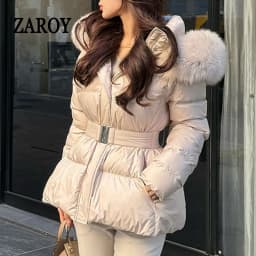ZAROY Winter Belted Coat Women Fur Hood Quilted Cotton Padded Jackets Fashion Elegant Streetwear Outerwear Skiing Parkas куртка