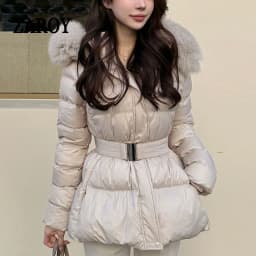 ZAROY Winter Belted Coat Women Fur Hood Quilted Cotton Padded Jackets Fashion Elegant Streetwear Outerwear Skiing Parkas куртка