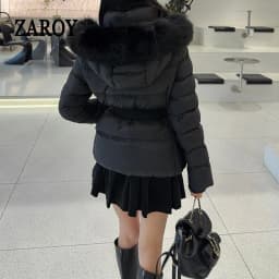 ZAROY Winter Belted Coat Women Fur Hood Quilted Cotton Padded Jackets Fashion Elegant Streetwear Outerwear Skiing Parkas куртка