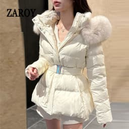 ZAROY Winter Belted Coat Women Fur Hood Quilted Cotton Padded Jackets Fashion Elegant Streetwear Outerwear Skiing Parkas куртка