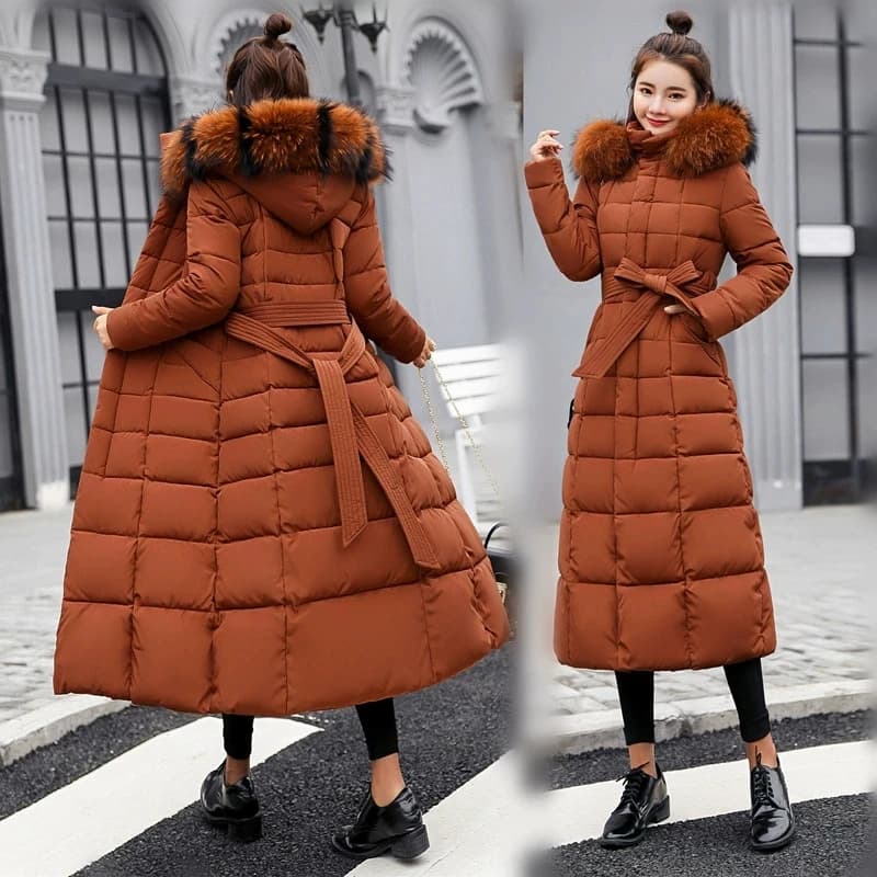 Women Winter Long Cotton Coat 2025 New Women Big Fur Collar Parkas  Korean Loose Belt Slim Jacket Down Cotton Coat Women Outwear