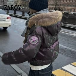 Russian Winter Warm Faux Fur Hooded Quilted Puffer Jacket Women Y2K Retro Padded Short Coat Casual Parka Glossy Outerwear куртка