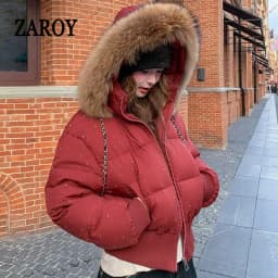 ZAROY Fur Collar Hooded Women Jacket Fashion Rhinestone Winter Warm Thick Padded Cotton Puffer Coat Streetwear Outerwear пальто