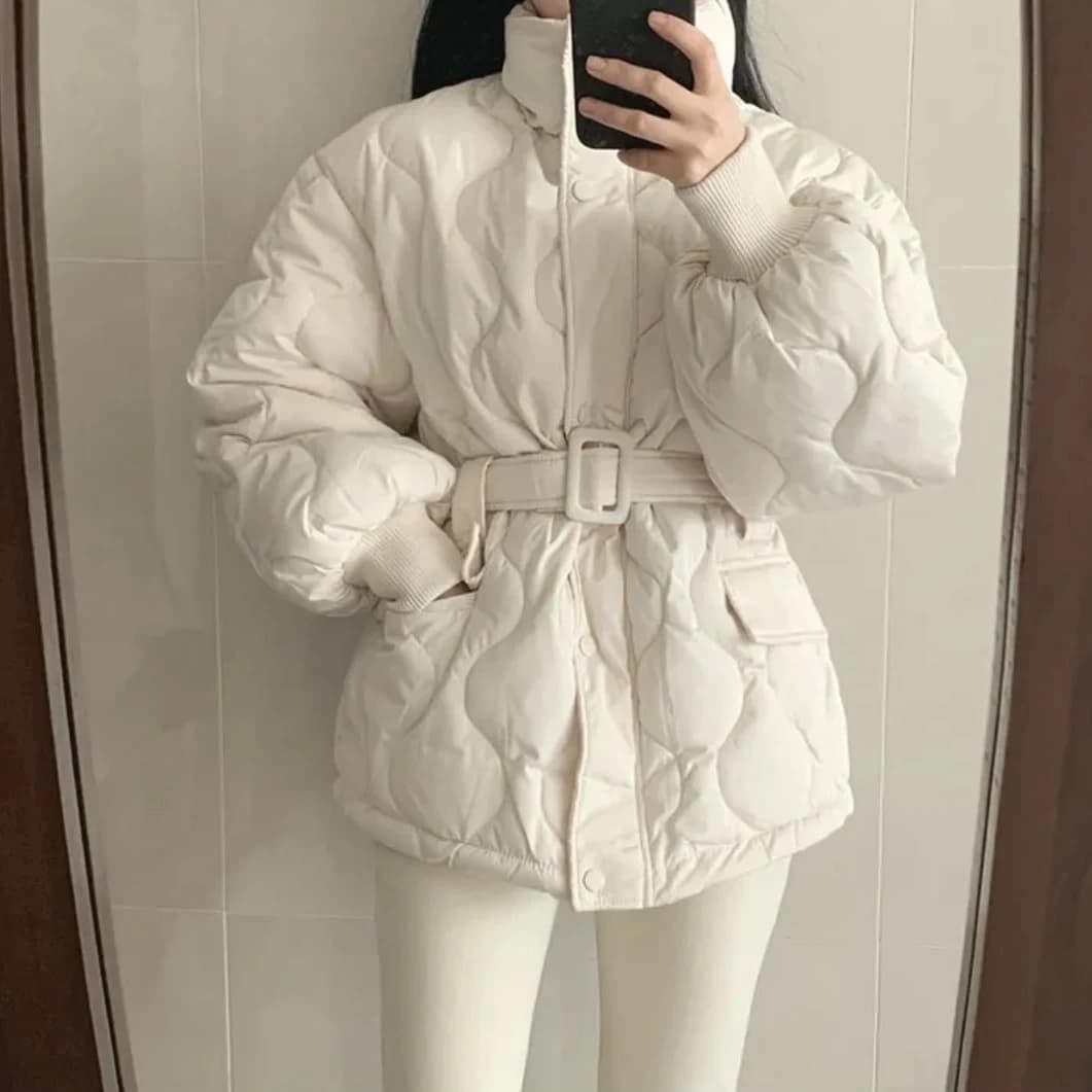 Women Winter Warm Thick Cotton Coat 2025 New Women With Belt Stand Collar Cotton Padded Jacket Korean Loose Women Parka Outwear