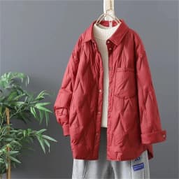 2025 Autumn Women Black Thin Cotton Quilted Coats Female Casual Lapel Jacket Female Spring Outerwear Red Button Padden Shirt Top