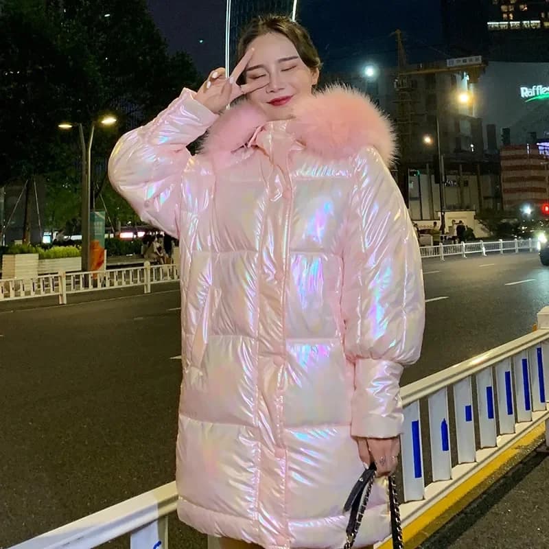 2025 New Winter Parkas Thicken Women's Jacket Puffer Coat Glossy Warm Fur Collar Hooded Long Female Down Cotton Parka Outwear