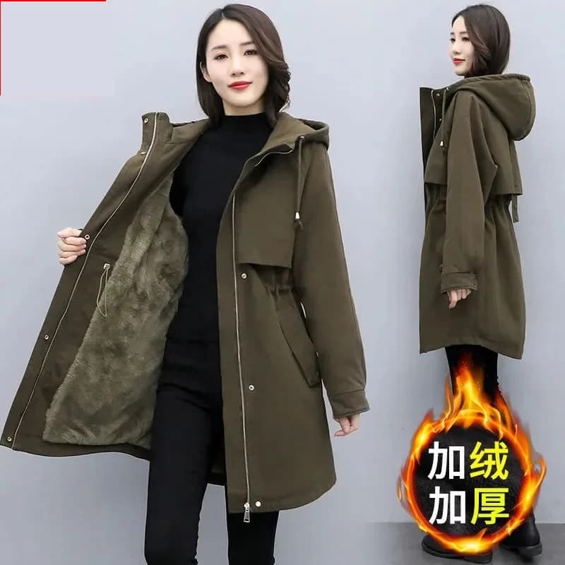 Medium long Hooded Waist cinching Parker Women's 2026 Autumn Winter New Thicken Warm Cotton Jackets Female Velvet Casual Coats