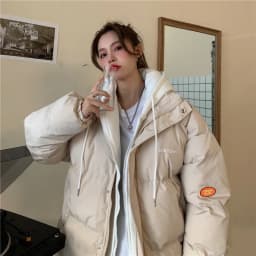 Chic Faux Two Design Pieces Parkas Women Puffy Patchwork Hooded Parka Jacket Woman Winter Pockets Zipper Up Padded Jacket Ladies