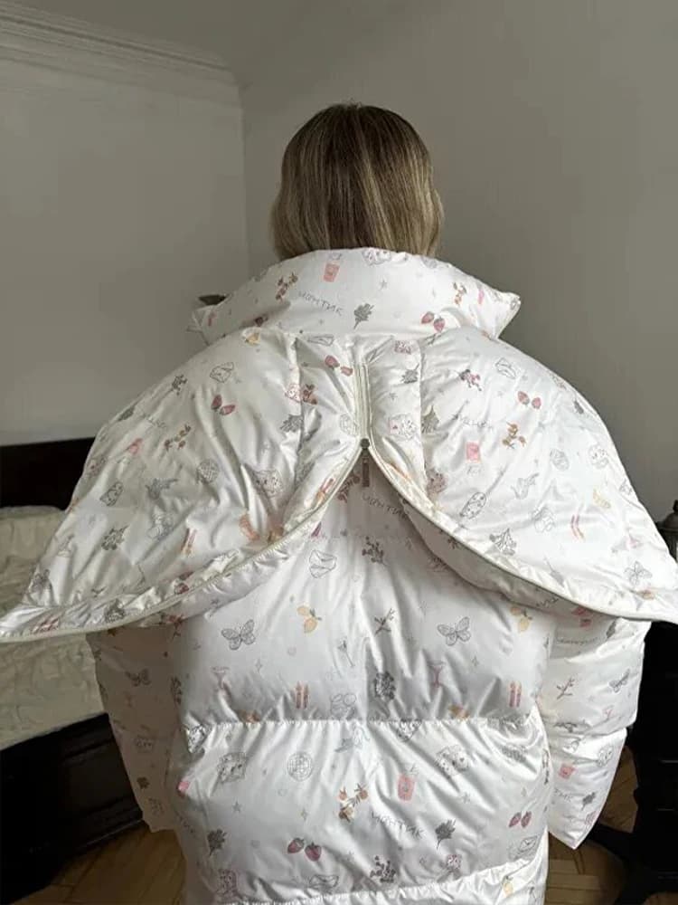 Women's Floral Print Hooded Puffer Jacket with Bow Decor Cute Oversized Winter Warm Coat Loose Casual Feminine Outerwear Fashion
