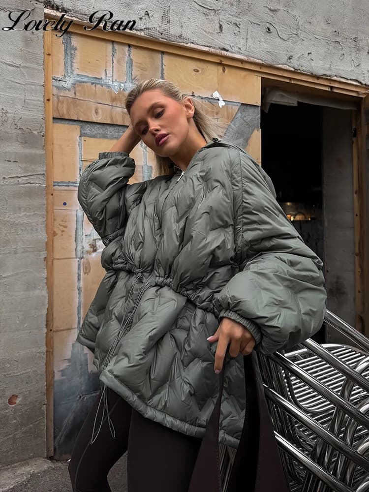 2026 Winter Solid Women Thicken Coat Casual Long Sleeve Hooded Zippers Pleated Female Outwear Elegant Lady Oversize Jacket