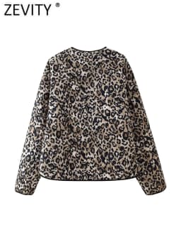 ZEVITY 2024 Women Vintage Leopard Print Quilted Cotton Jacket Female Chic Long Sleeve Buttons Casual Slim Coat Tops CT6287