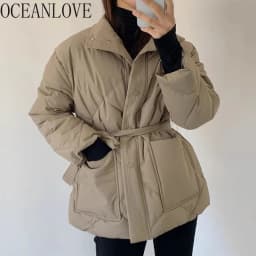 OCEANLOVE Autumn Winter Jackets Woman Solid Bandage Korean Fashion Turtleneck Parkas Coats Pockets Elegant Retro Chaquetas