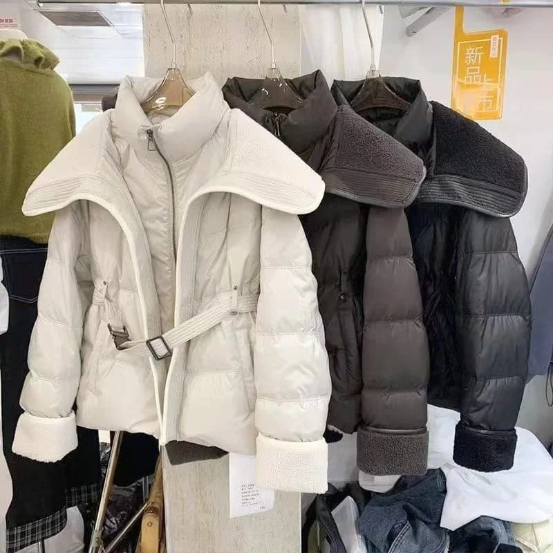 Double Collar Down Fashion Cotton Jacket For Women in Winter 2025, New Fashionable Lamb Wool Warm Waist Casual Slimming Jacket